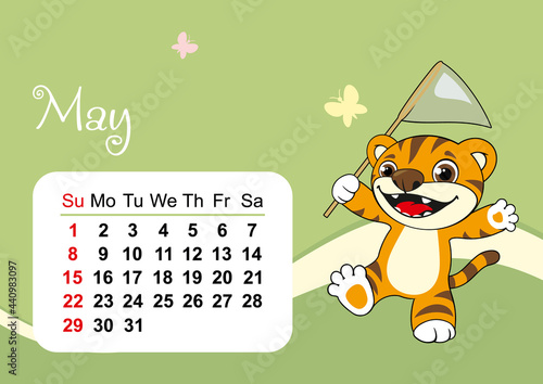 Wall calendar template for May 2022 in Englih. Year of the tiger to the Eastern Chinese calendar. Cute tiger in flat design. Week start in Sunday. In size A4 