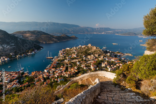 View from the mountain over the harbor on the Greek island of Kastelorizo in the Dodecanese photo