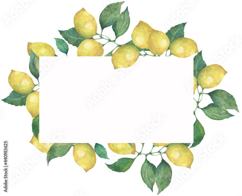 Watercolor rectangular frame with yellow lemons and green leaves. Save this date. Citrus border on white background