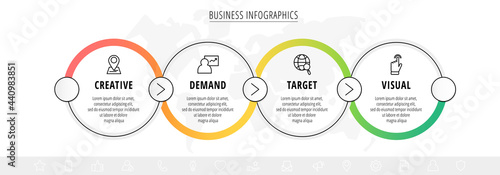 Business vector infographics with four line circles. Timeline visualization with 4 steps for diagram, flowchart, banner, presentations, web, content, levels, chart, graphic