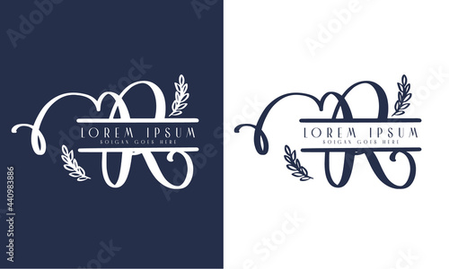 Simple luxury design concept floral leaves with letter R logo design template