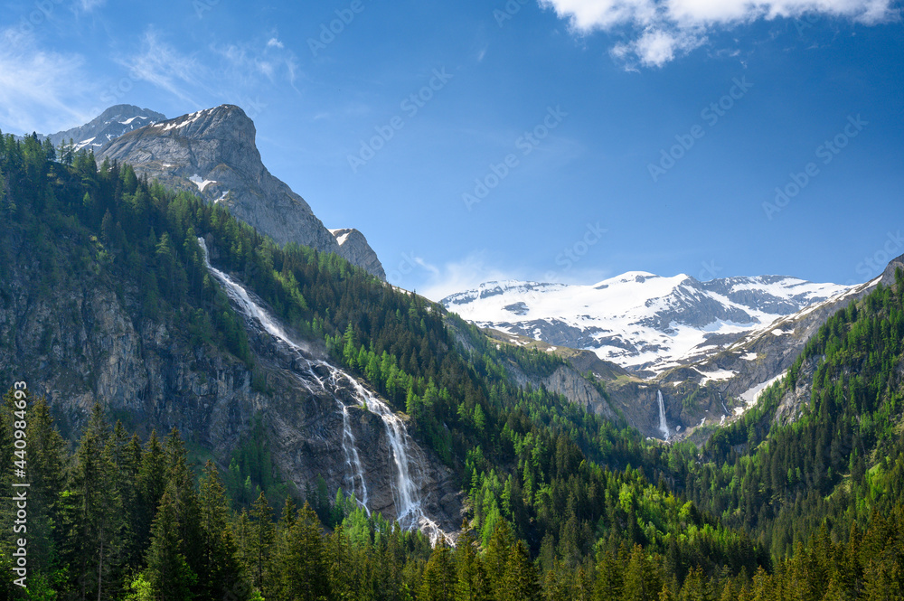 idyllic waterfalls Tungelschuss and Geltenschuss in Lauenenvalley, Bernese Alps, Switzerland