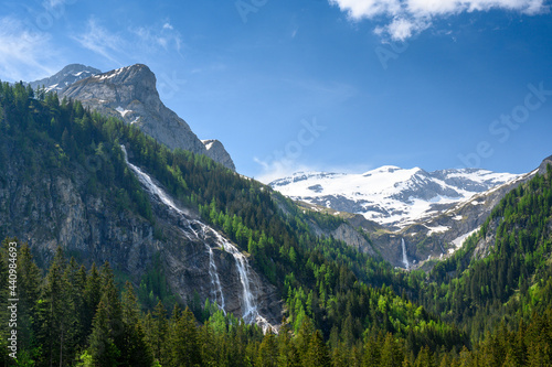 idyllic waterfalls Tungelschuss and Geltenschuss in Lauenenvalley, Bernese Alps, Switzerland