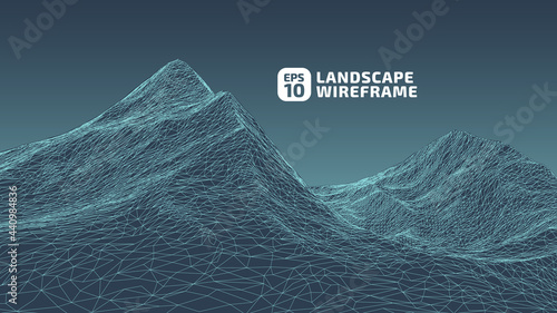 Abstract wireframe background. 3D grid technology illustration landscape. Digital Terrain Cyberspace in the Mountains with valleys. Data Array. Vector Illustration.