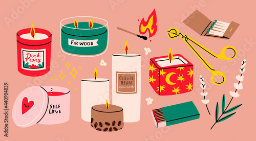 Various Candles. Different shapes and sizes. Pillar, jar candle, square, container candle, multi wick. Decorative wax candles for relax and spa. Matches, candle snuffer. Hand drawn trendy Vector set