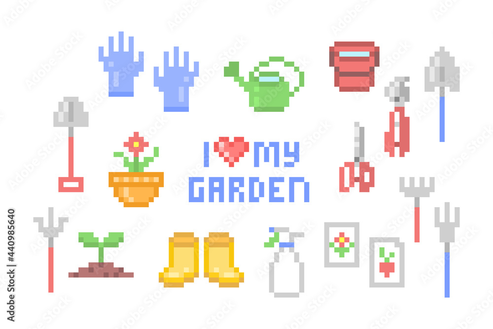 Big set of pixel art gardening tool icons isolated on white. 8 bit gumboots, bucket, sprayer, watering can, seeds, secateurs, fork, gloves, shovel, scissors, trowel, flowerpot. I love my garden print.