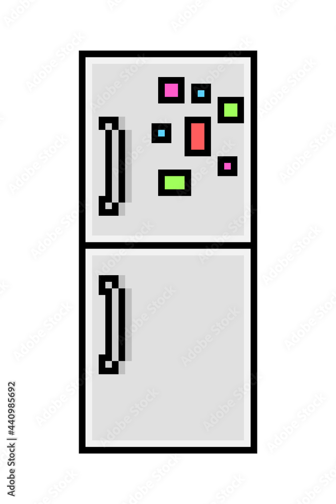 2d 8 bit pixel art refrigerator decorated with magnets icon isolated on white background. Domestic appliance symbol. Vintage retro 80s, 90s computer, video game, slot machine graphics. Kitchen object. 2d 8 bit pixel art refrigerator decorated with magnets icon isolated on white background. Domestic appliance symbol. Vintage retro 80s, 90s computer, video game, slot machine graphics. Kitchen object.