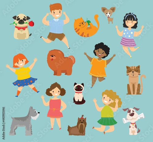 Illustration of cute happy kids with their Pets dogs and cats in the flat style