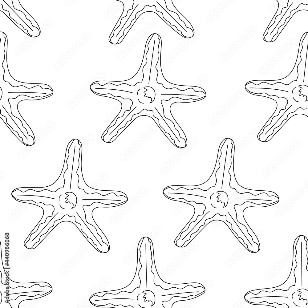 Seamless pattern outline starfish on a white background. Cartoon style wallpaper. Hand drawing. Vector illustration.