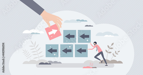 Disruption and competitive interruption to slow business tiny person concept. Change forward movement and make progress delay with difficulties vector illustration. Negative impact from rivals scene.
