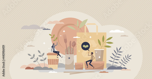 Eco packaging and natural food boxes for take away tiny person concept. Environmental and nature friendly solution to reduce plastic usage vector illustration. Cardboard and paper bags or containers.