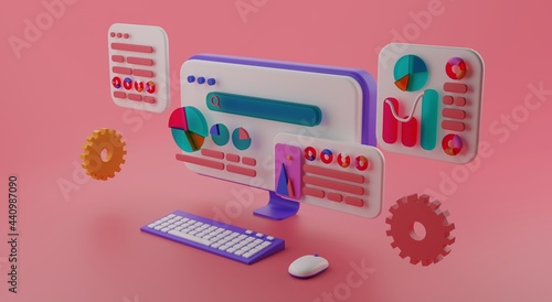 Computer display for web design or development, with 3d rendering elements