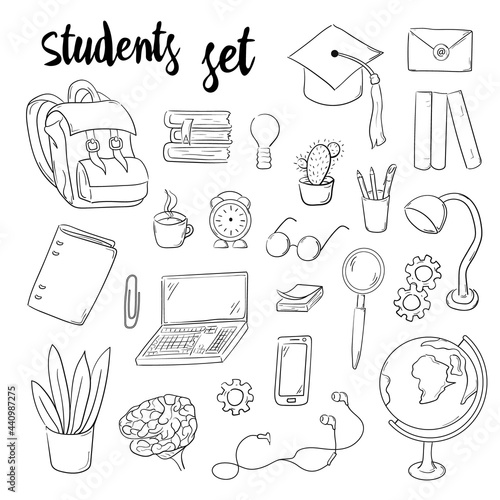 Back to school outline elements. Freehand drawing school items. Students set stickers. Vector illustration. White background.