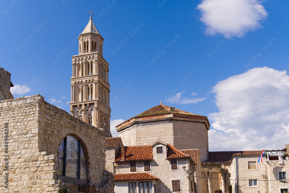 Cathedral of St. Duje bell tower in sunny day, Split, Croatia. Postcard. Cathedral of St. Duje bell tower in sunny day, Split, Croatia. Postcard.