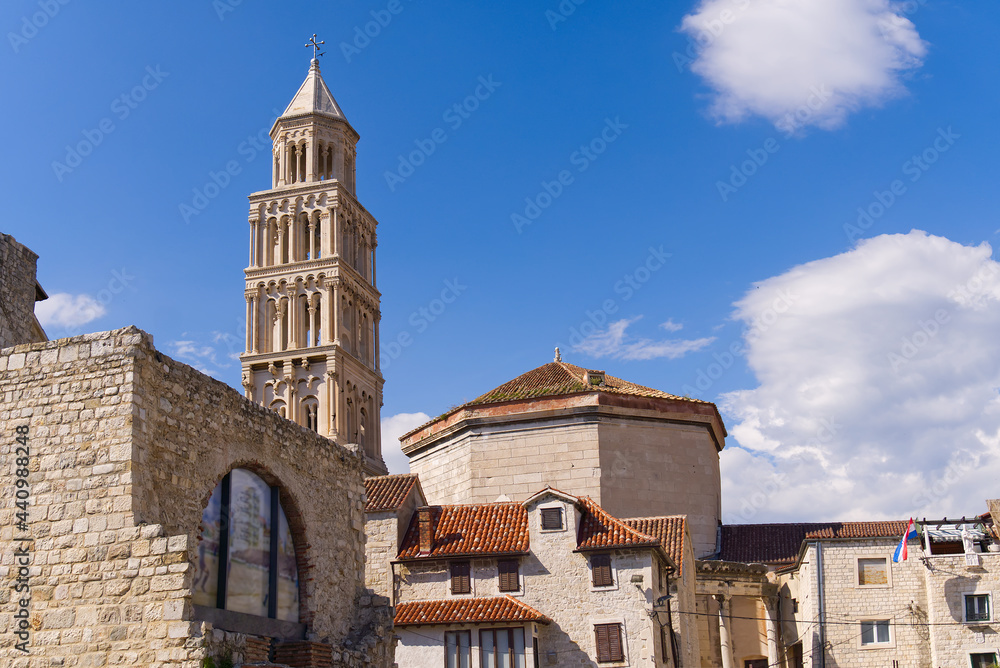 Cathedral of St. Duje bell tower in sunny day, Split, Croatia. Postcard.