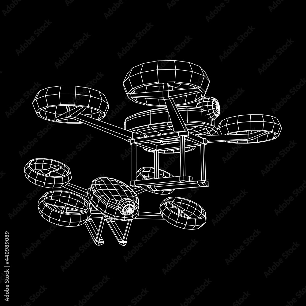 Drone flying with action video camera. Wireframe low poly mesh vector illustration Drone flying with action video camera. Wireframe low poly mesh vector illustration