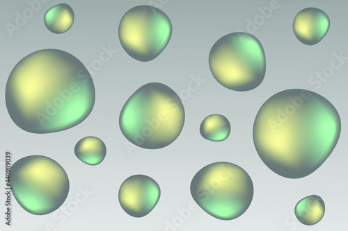 Frosted 3d pearl gems, dark matt abstract shape vector illustration with gold and aquamarine patch of reflected light. Set of round shape pearl bubble, smooth and soft.