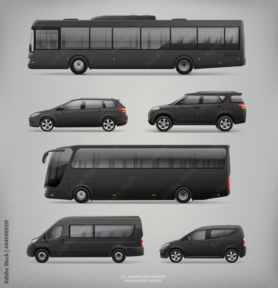Mockup set of black city bus, passenger van, car template for Corporate identity and Advertising design. Set of white passenger bus, Van, Freight Car, Coach Bus, Suv Car. City transport mockups Mockup set of black city bus, passenger van, car template for Corporate identity and Advertising design. Set of white passenger bus, Van, Freight Car, Coach Bus, Suv Car. City transport mockups