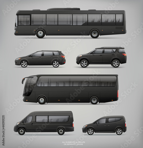 Mockup set of  black city bus, passenger van, car template for Corporate identity and Advertising design. Set of white passenger bus, Van, Freight Car, Coach Bus, Suv Car. City transport mockups