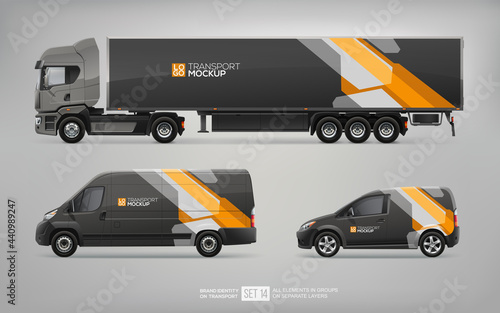 Mockup Set of Black Truck Trailer, Cargo Van, Delivery Car vector template. Abstract black and yellow graphics design for transport Brand identity and Advertising. Set of delivery service Transport