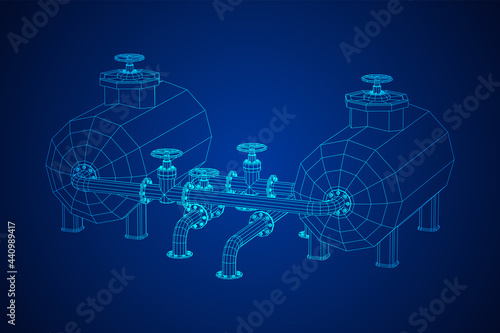 Oil tank storage of flammable materials and pipeline with valve. Finance economy polygonal petrol production. Petroleum fuel industry transportation line. Wireframe low poly mesh vector illustration.