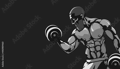 Bodybuilder vector illustration. Strict coach bodybuilding and fitness logo. Baner for sport gym.