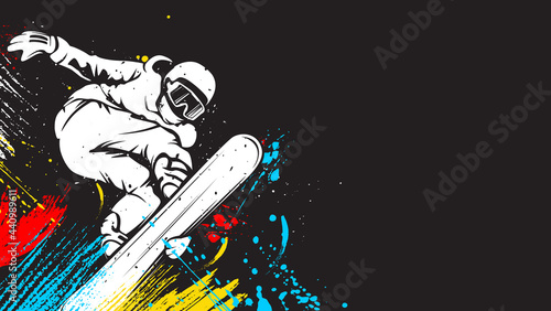 Snowboarder in action vector illustration. Extreme winter sports. Snowboarding emblem. Sport club logo. Snowboarding equipment.