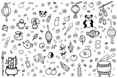 Feng Shui Icons, fortune cookies, Yin Yang Doodle elements collection. Wealth and Prosperity