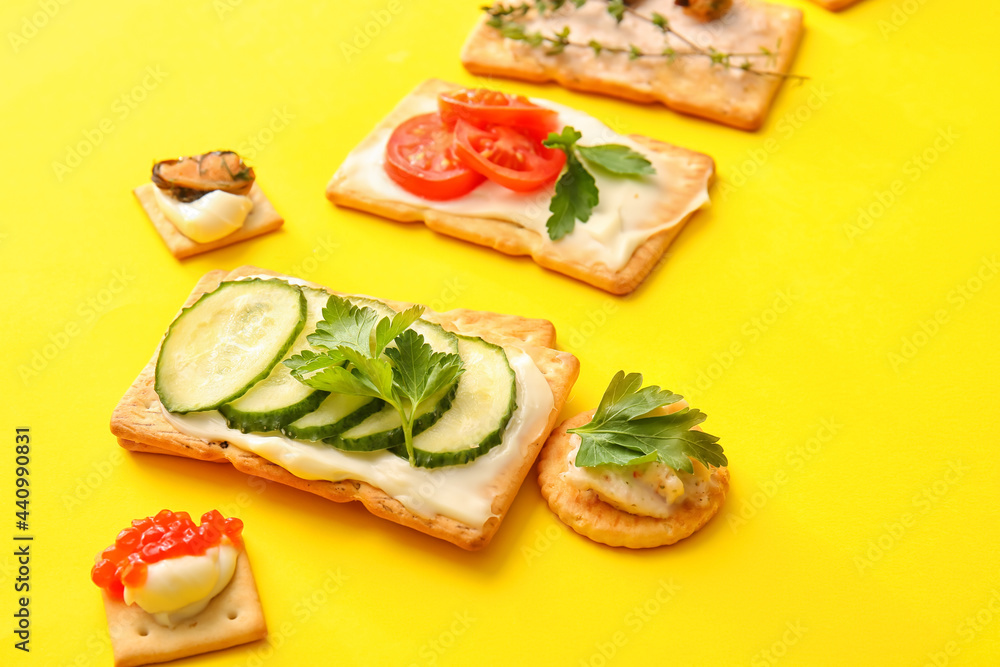 Different crackers on color background Different crackers on color background