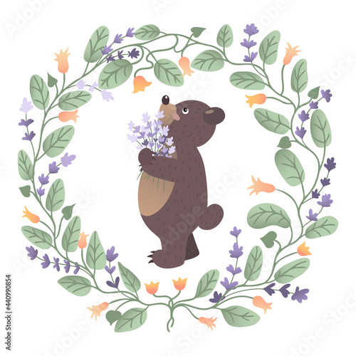 Little bear cub holding lavender bouquet in the middle of the flower crown of leaves, bellflowers and lavender