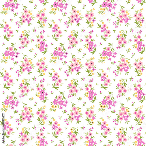 Floral pattern. Pretty flowers on white background. Printing with small pink flowers. Ditsies print. Seamless vector texture. Spring bouquet. Stock vector.