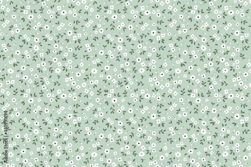 Vector seamless pattern. Pretty pattern in small flowers. Small white flowers. Celadon background. Ditsy floral background. The elegant the template for fashion prints. Stock vector.
