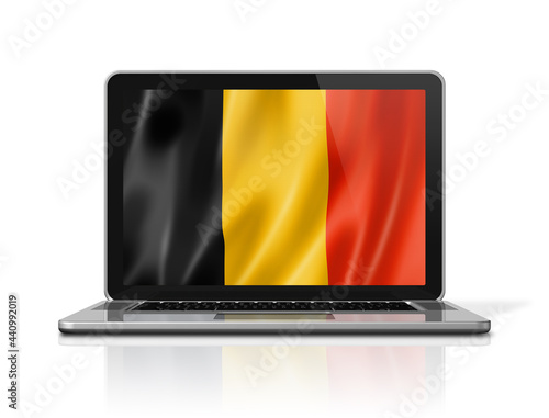 Belgian flag on laptop screen isolated on white. 3D illustration