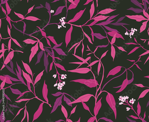 Trendy seamless vector floral pattern. Print made of purple leaves and branches. Summer and spring motifs. Violet background. Stock vector illustration.