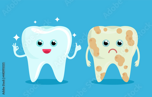 Healthy shiny bleached tooth and bad tooth with caries. human emotions of joy and pain on the face.