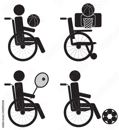 Black icon set of Paralympic sport on wheelchair, basketball, soccer and tennis. Vector illustration.