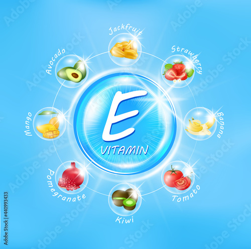 Vitamin E, Blue shining pill capsule. Complex with Chemical formula. Fruits and vegetables that neutralize free radicals. Anti aging beauty enhancement concept and health care medical. 3D Vector.