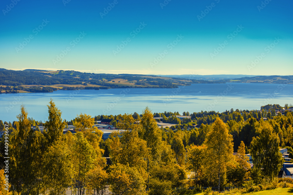 View of a beautiful lake Mjosa in Gjovik city in summer. Norway, Europe