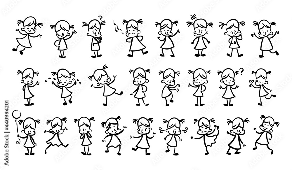 Collection of happy cartoon kids, lined hand drawn doodle outline style