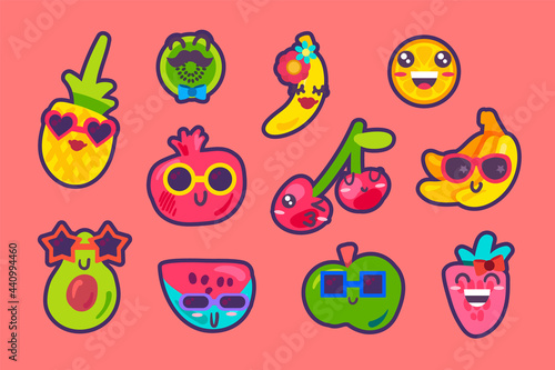 Summer fruits emoji emotion collection set vector