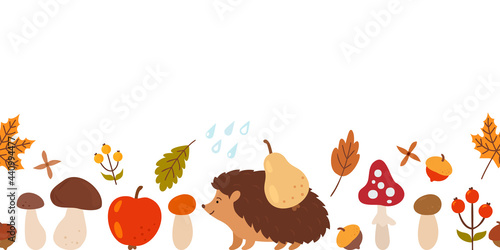 seamless autumn background with berries, mushrooms, leaves, hedgehog and rain in cartoon style.