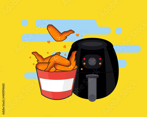 Air fryer kitchen tool. Fried Chicken in a bucket.  Cartoon vector style for your design.