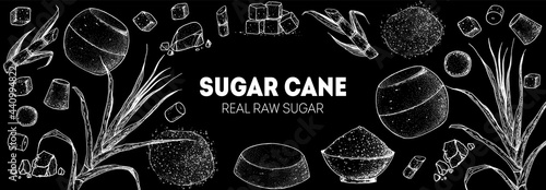 Brown Sugar Organic Unrefined. Sugar cane sketch. Hand drawn vector illustration. Sugar cane sketch. Vintage design template. Panela, Gur or jggery powder.