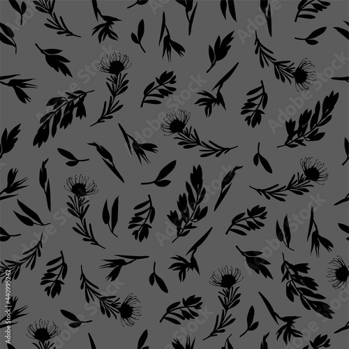 Vector Seamless patterns of tropical leaves  plants  flowers on grey and yellow. Beautiful print with exotic plants. Botanical design of fabrics  wallpapers  natural cosmetics  perfumes.