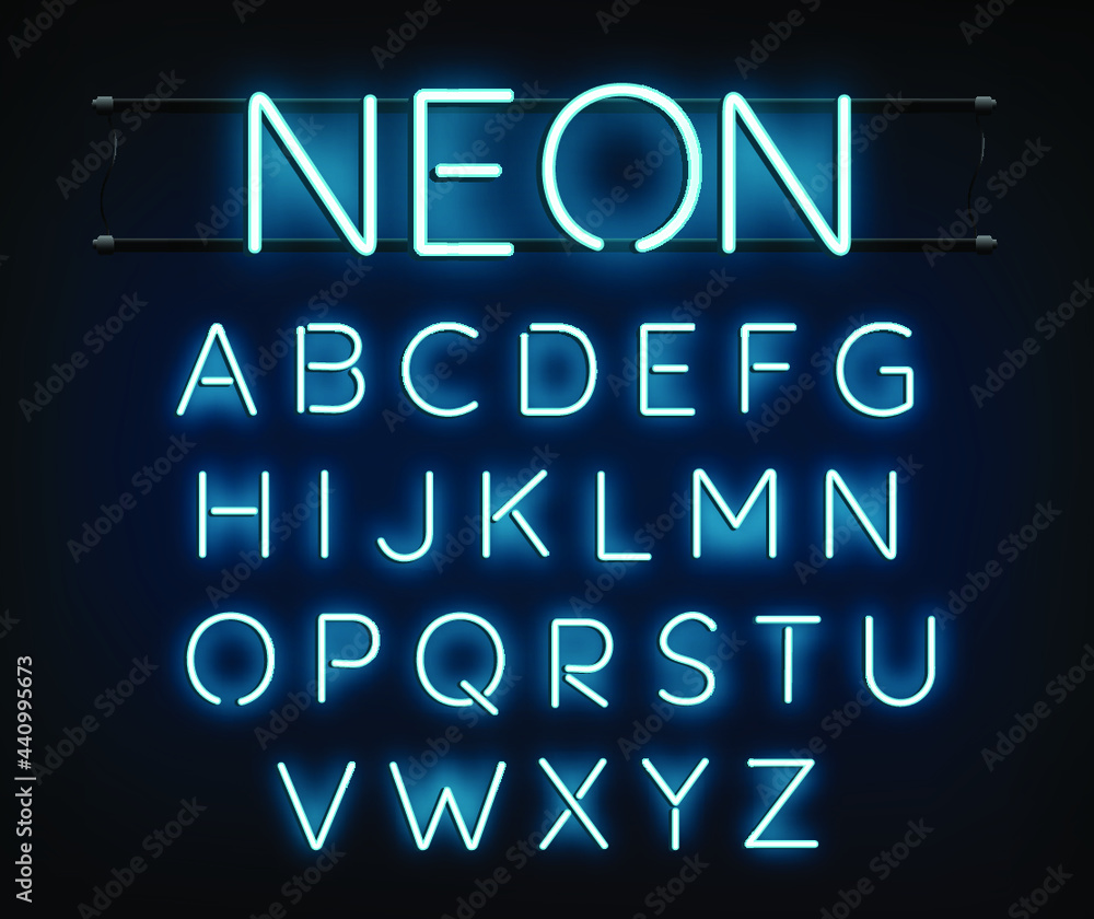 Neon blue font vector illustration. Blue neon light letters. Glowing alphabets.