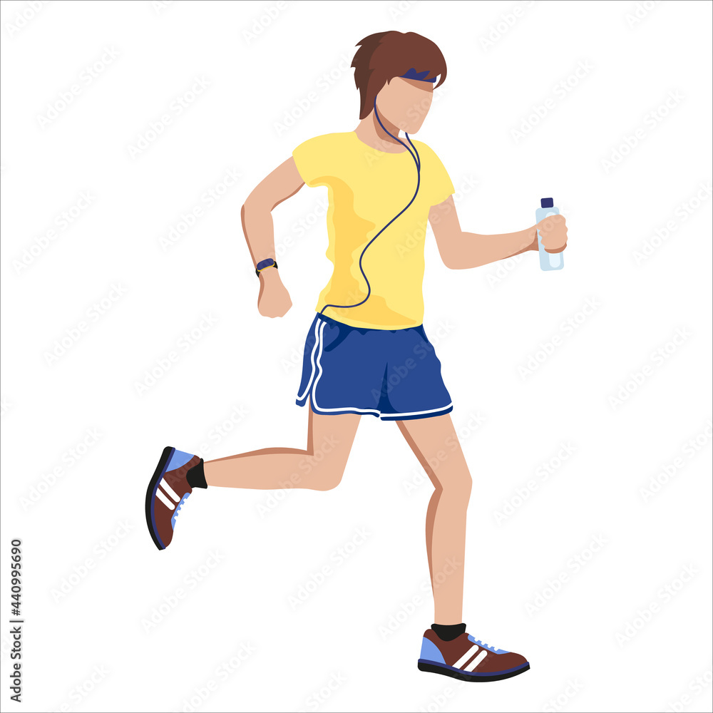 Young man in sportswear, headphones and a bottle of water runs. Illustration for sports and healthy lifestyle. Young man in sportswear, headphones and a bottle of water runs. Illustration for sports and healthy lifestyle.