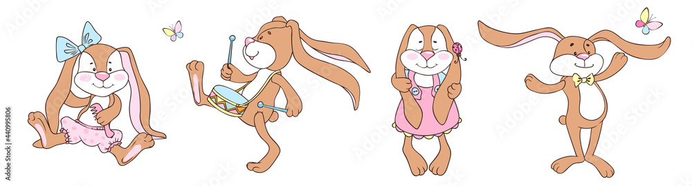 Obraz premium Set of cute funny toy bunnies. The image is separated from the background.