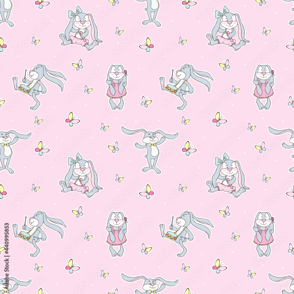 Fototapeta premium Seamless pattern of cute funny toy rabbits or bunnies. Vector cute pattern for children on a pink background.
