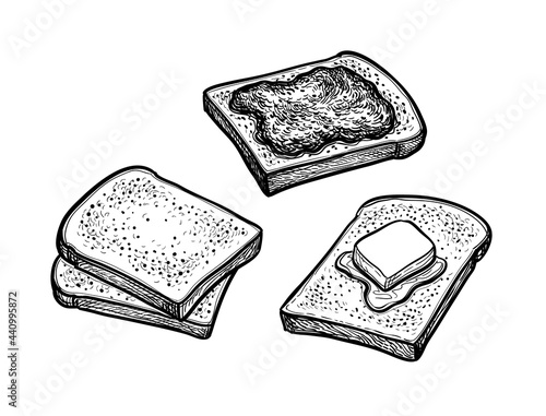 Ink sketch of toasts with butter and jam.