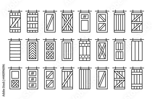 Barn sliding wooden doors in old vintage rustic style. Line icon set. Isolated objects on white background. Interior design symbols